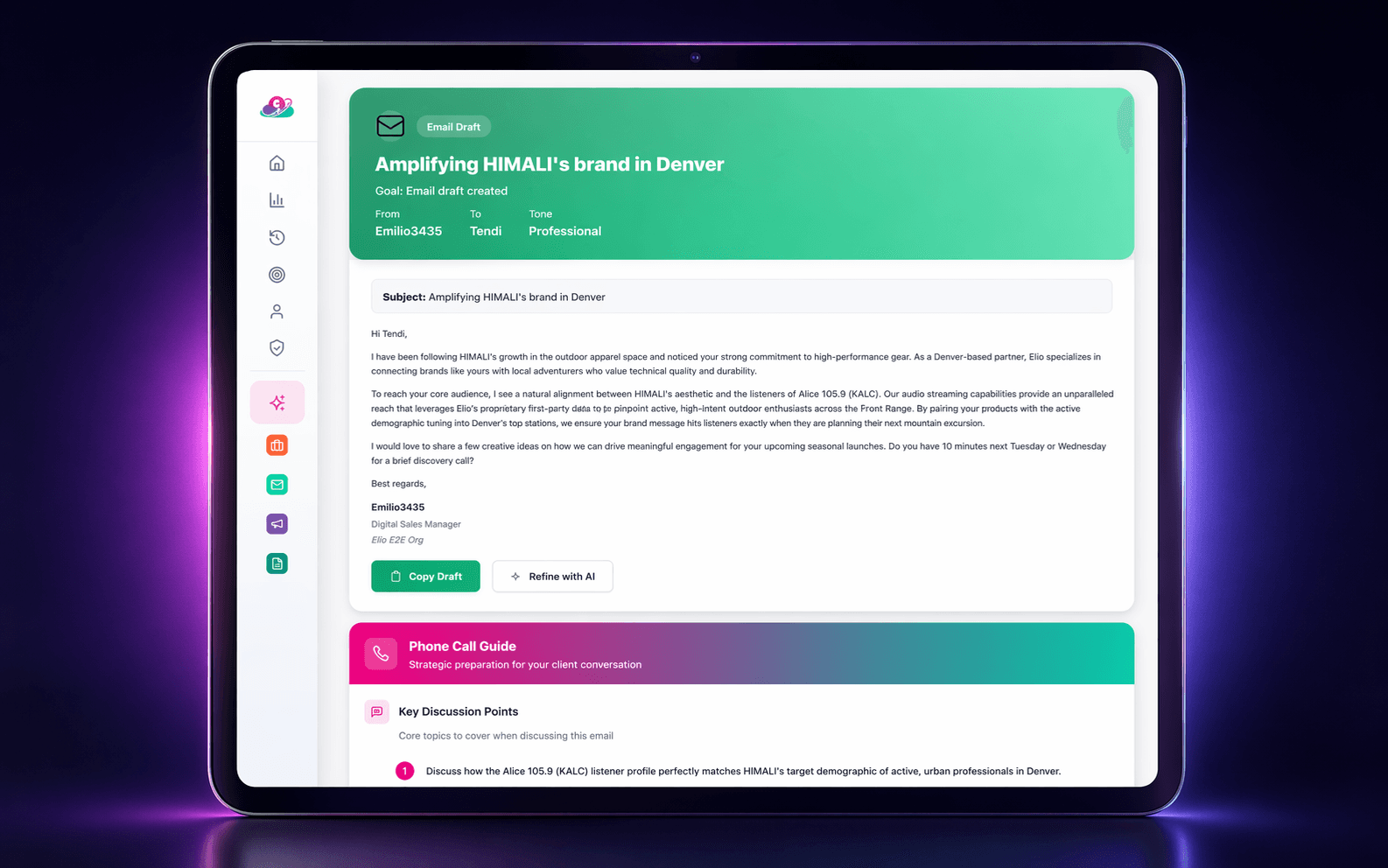 Elio Email Assistant — grounded draft composed from account context and prior thread