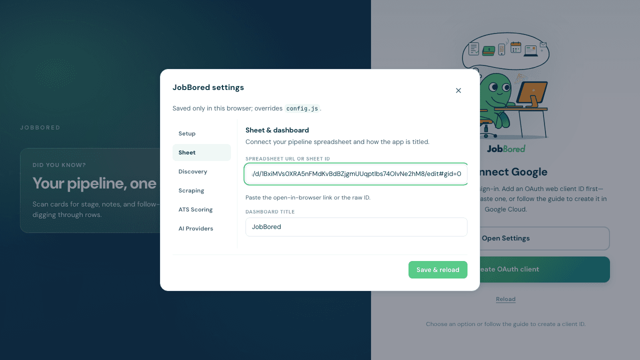 JobBored settings: the URL is filled and the Sheet connection is ready to save